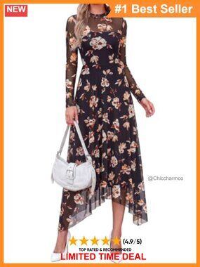 Womens Floral Mesh Midi Dress Mock Neck Long Sleeve A-Line Semi Formal